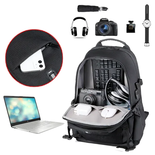 RAHALA 2204 Black Bag USB شنطة ظهر لاب توب 17-انش متعددة الواظائف مقاومة للماء بمخرج - Image 19